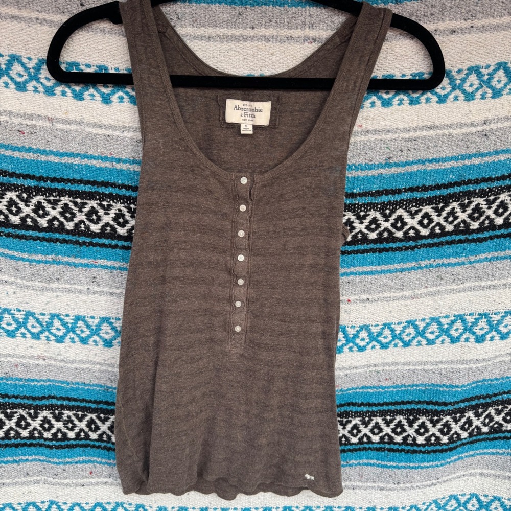 Abercrombie & Fitch Brown Henley Tank Top Y2K Semi Sheer Knit Moose Logo Small